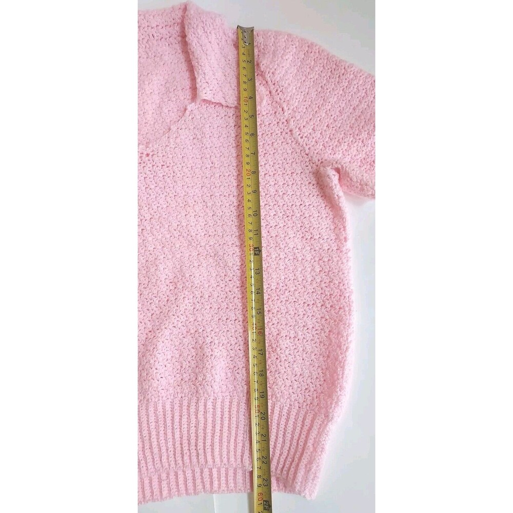 Vintage Handmade Knit Medium Pink V Neck Short Sleeved Collared Top Size XL - Picture 3 of 5